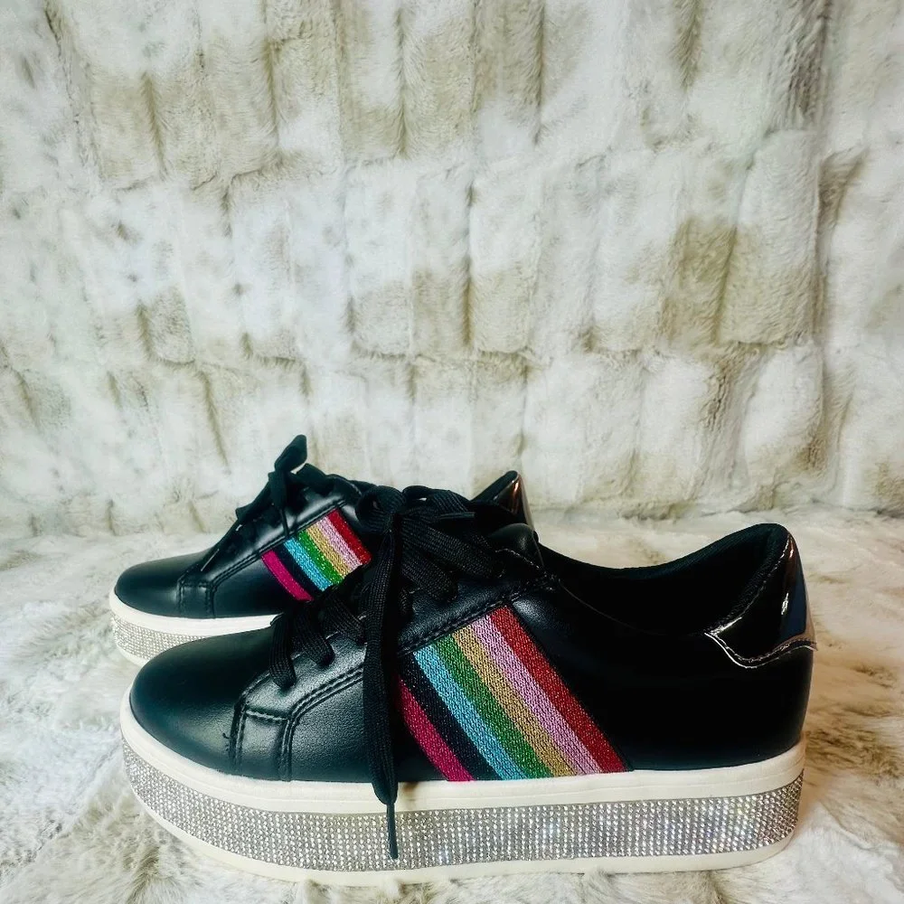 Pazzle Black Leatherett With Rainbow Stripes & Rhinestone Trim Platform Sneaker